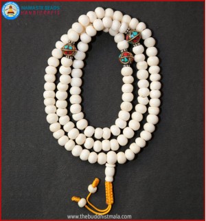 White Bone Mala with Inlays Metal Beads
