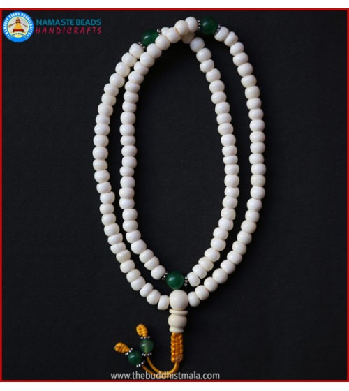White Bone Mala with Green Jade Beads