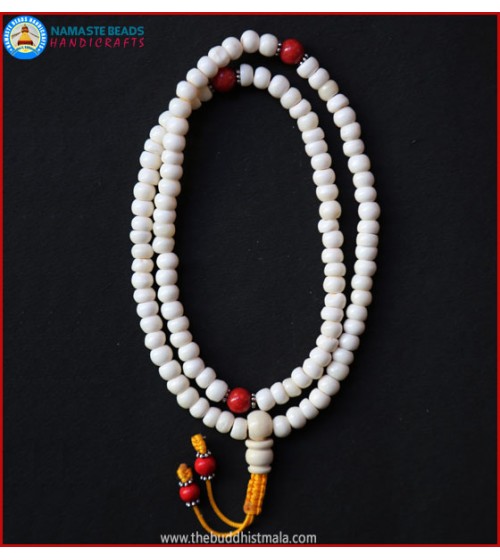 White Bone Mala with Coral Beads