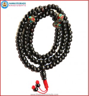 Black Bone Mala with Inlays Metal Beads