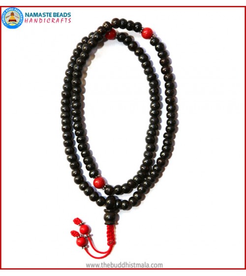 Black Bone Mala with Coral Beads