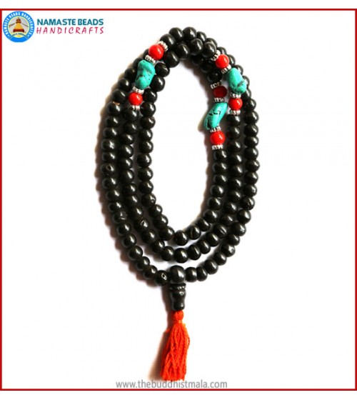 Black Bone Mala with Coral & Turquoise Beads