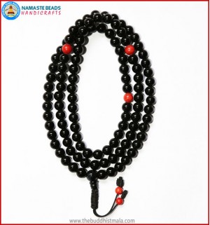 Black Onyx Mala with Coral Spacer Beads