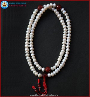 Cultured Pearl Mala with Carnelian Spacer Beads