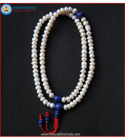 Cultured Pearl Mala with Lapis Lazuli Spacer Beads