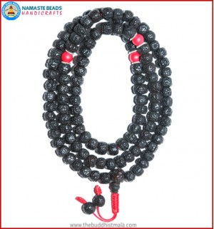 Smooth Dark Rudraksha Seed Mala with Coral Beads