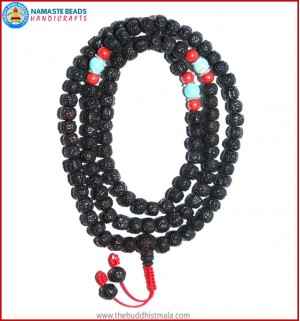 Smooth Dark Rudraksha Seed Mala with Coral & Turquoise Beads