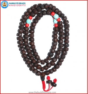 Smooth Dark Brown Rudraksha Seed Mala with Coral & Turquoise Beads