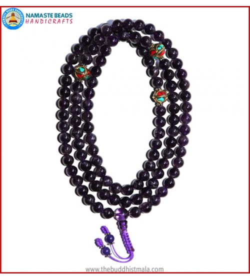 Amethyst Mala with Metal Inlays Spacer Beads