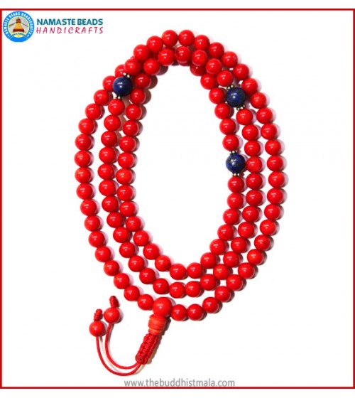 Red Coral Mala with Lapis Lazuli Spacer Beads
