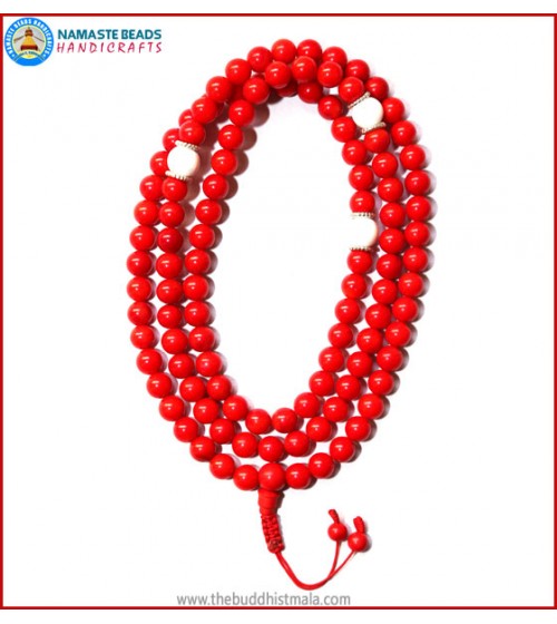 Red Coral Mala with Conch Shell Spacer Beads
