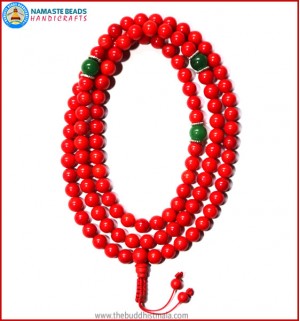 Red Coral Mala with Green Jade Spacer Beads