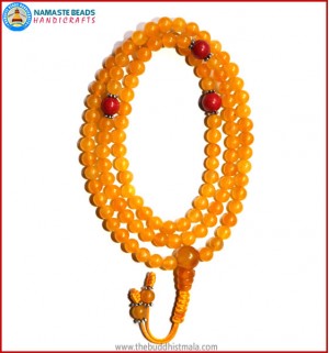 Honey Yellow Jade Stone Mala with Coral Spacer Beads