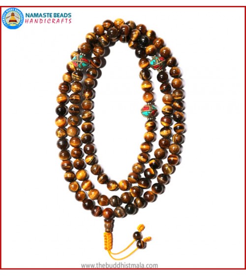 Tiger-Eye Stone Mala with Metal Inlays Beads