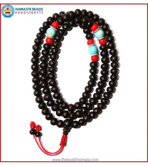 Rose Wood Mala with Coral & Turquoise Beads
