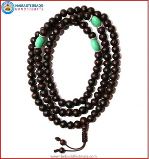 Rose Wood Mala with Flat Turquoise Spacer Beads