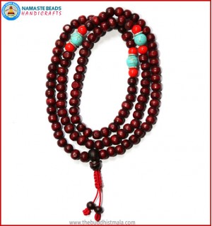 Red Wood Mala with Coral & Turquoise Beads
