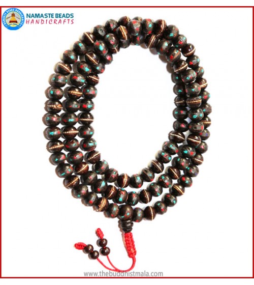 Dark Wood Mala with Inlays Coral & Turquoise