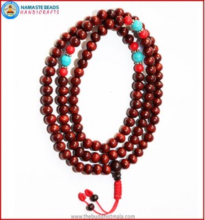 Rose Wood Mala with Coral & Turquoise Spacer Beads