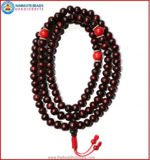 Rose Wood Mala with Coral Spacer Beads