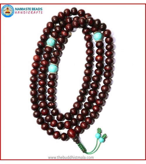 Rose Wood Mala with Turquoise Spacer Beads