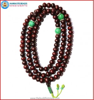Rose Wood Mala with Green Jade Spacer Beads