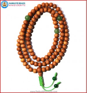 Sandal Wood Mala with Green Jade Spacer Beads