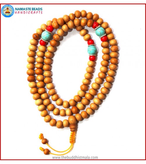 Normal Wood Mala with Coral & Turquoise Beads