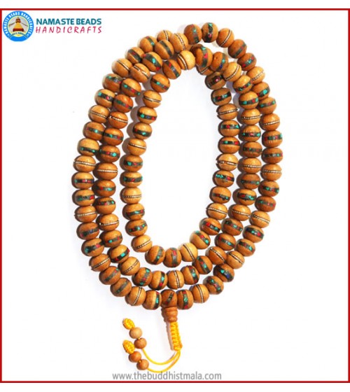 Normal Wood Mala Inlays Coral & Turquoise