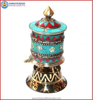 Coral & Turquoise Inlaid Table Prayer Wheel