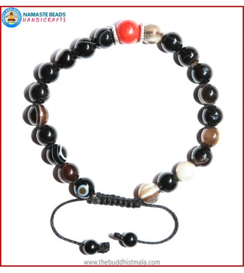 Black Agate Stone Bracelet with Coral Bead