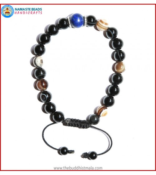 Black Agate Stone Bracelet with Lapis Lazuli Bead