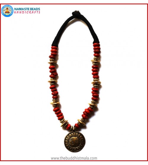 "Tibetan OM" Brass Pendant Coral Necklace