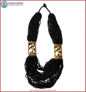 Black Beads & "Elephant & Lion" Carved Necklace